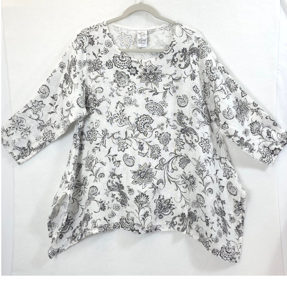 Match Point Linen Tunic Floral Paisley Sharkbite White Gray Women M Lagenlook